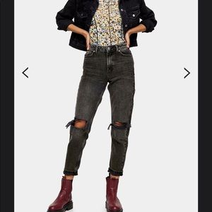 Topshop washed black double rip mom tapered jeans